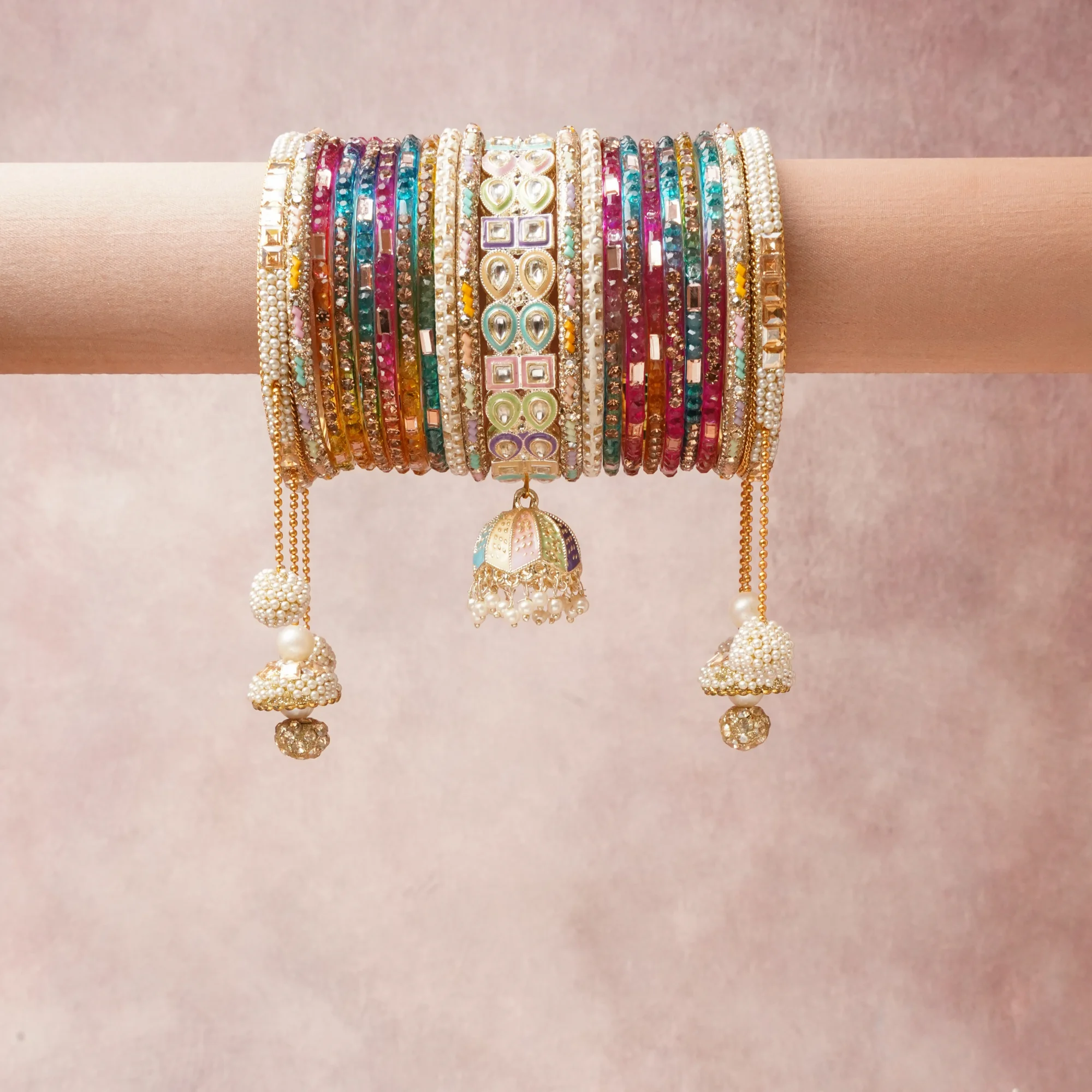 The Femminari Crown- Jewellery beyond luxury. A crown colour Gold set, complemented by Fuchsia Pink, Violet Purple, Teal Blue, Emerald Green, Golden Yellow, Ruby Red, Orange, Mint Green, Lavender, Baby Blue, Pale Peach, featuring Gold-toned Alloy, Glass, Pearls, Enamel, Crystals, Glass Stones, Seed Beads. A treat for the eyes, hands and heart- absolutely unforgettable.